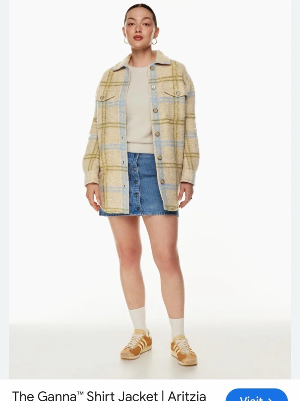 Wilfred Free Ganna Jacket Beige and Light Blue Plaid Shirt Jacket - Picture 1 of 6